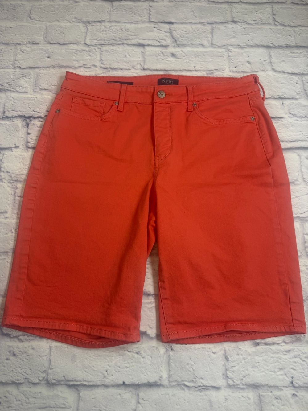 NYDJ Women's “Briella” Coral Orange Jean Shorts. Lift & Tuck. Size 12.